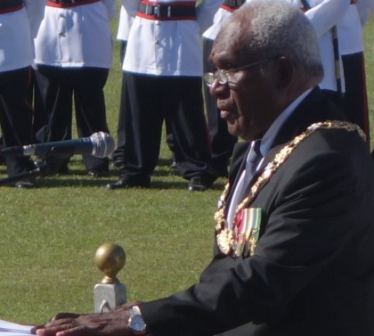 Governor General Sir Frank Ofagioro Kabui delivering his speech during Queen's Birthday celebrations yesterday in Honiara. Photo credit: SIBC.