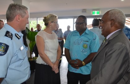 RAMSI Special Coordinator Justine Braithwaite talking to Acting Prime Minister Manasseh Maelanga in the background. Photo credit: RAMSI.