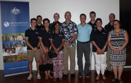 Australian High Commissioner Andrew Byrne (centre) and Counsellor Kirsten Hawke (far right) with Bond University students. Photo credit: Australian High Commission Honiara.