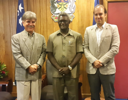 Prime Minister Hon Manasseh Sogavare, EU Ambassador to Solomon Islands Leonidas Tezapsidis (left) and EU’s Head of Operations in Solomon Islands Ioannis-Pavlos Evangelidis after the courtesy visit. OPMC.