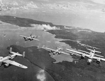 42 Bombardment Group B-25 Mitchells flying over Guadalcanal during the war. Photo credit: 