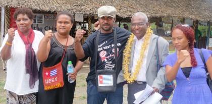 General-Secretary for the United Liberation Movement for West Papua Octovianus Mote with local supporters in Honiara. Photo credit: SIBC.