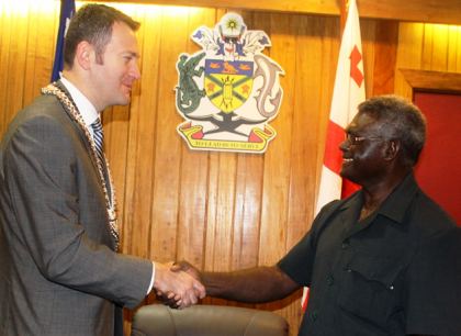 PM Sogavare farewells Ambassador Konstantinidi after their meeting in the Prime Minister’s Office yesterday. Photo credit: OPMC.