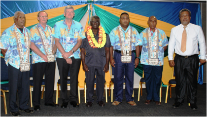 Prime Minister Sogavare flanked by MSG Police Commissioners and MSG Director General, Mr Peter Forau( far right). Photo credit: OPMC.
