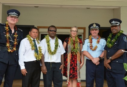 (Left to Right) Commissioner of Police, Frank Prendergast; Minister of Police, Hon. Peter Shanel Agovaka; Malaita Deputy Premier, Hon. Alick Maeaba; RAMSI Special Coordinator, Justine Braithwaite;  Commander RAMSI PPF, Greg Harrigan; and Malaita PPC, Alfred Uiga in front of the new Auki Police station. Photo credit: RAMSI Public Affairs.