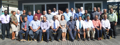 Prime Minister Manasseh Sogavare and Minister for Police and National Security Hon. Peter Shanel, sitting sixth and seventh from the left, with Permanent Secretaries and Government officials and participants in the Ocean Summit at Heritage Park Hotel. Photo credit: OPMC.