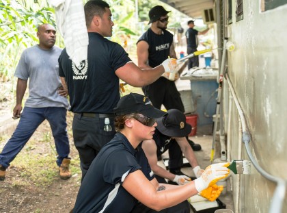 During the visit of the New Zealand Defence Force Offshore Patrol Vessel HMNZS WELLINGTON to Honiara, in the Solomon Islands, members of the ships' crew participate in the New Zealand Aid Programme by renovating the Rove Health Clinic. Photo credit: A/SGT Sam Shepherd.