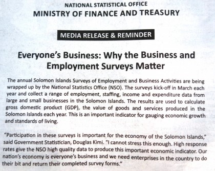A media statement and reminder which appeared in today's issue of the Solomon Star on the survey issue. Photo credit: SIBC.