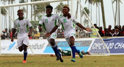 Solomon Islands celebrate their opening goal. Photo credit: OFC.