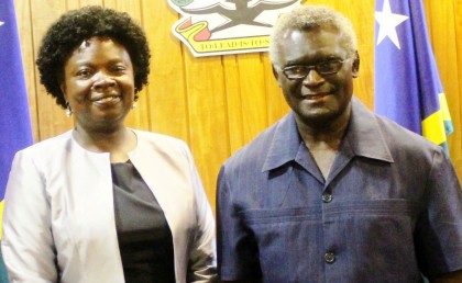 Prime Minister Manasseh Sogavare and World Bank Vice-President, East Asia, and Pacific Region, Victoria Kwakwa.